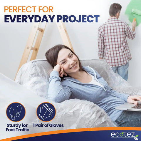 Woman relaxing on sofa covered with 6 Pack 12x9 Ft Extra Large Plastic Drop Cloth For Painting, man painting wall.
