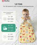 Soft Bamboo Viscose Baby Sleep Sack 1.0 TOG For 0-6 Months, Breakfast Friends design on baby, showing sleeveless neckline.