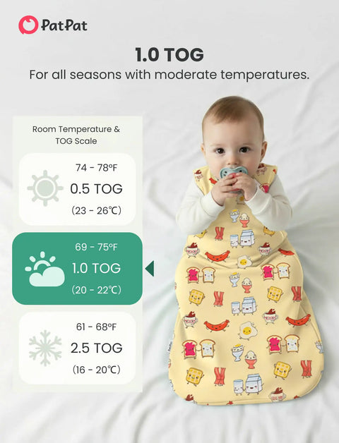 Soft Bamboo Viscose Baby Sleep Sack 1.0 TOG For 0-6 Months, Breakfast Friends design on baby, showing sleeveless neckline.