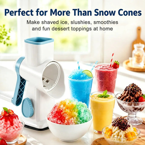 Manual Ice Shaver With 16 Stainless Steel Blades creating colorful shaved ice and drinks, white kitchen gadget with suction base.