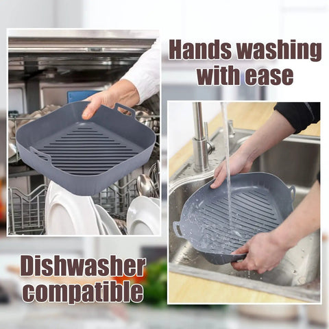 Square Silicone Liners for Air Fryer Two Pack Nonstick Food Grade Reusable Basket Mats shown in dishwasher and sink