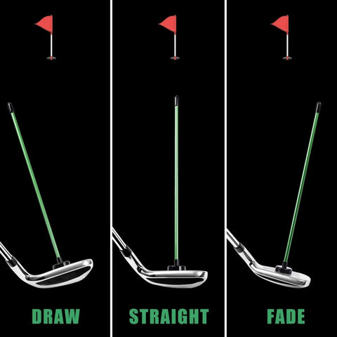 Two Pack 40 Inch Golf Alignment Sticks With Magnetic Club Alignment Rod in draw, straight, and fade positions with golf club