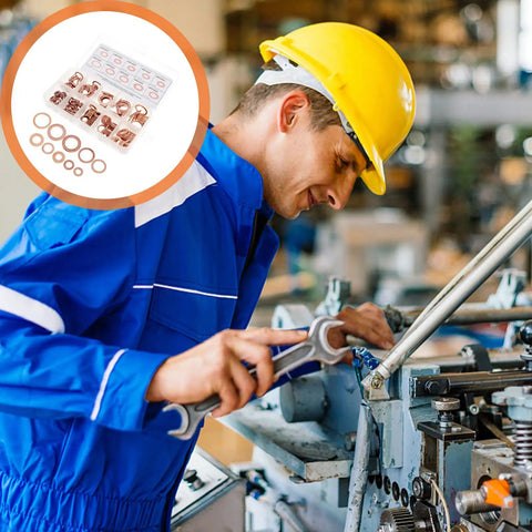 Check Out This Cool TOMETURE 200 Pc Copper Flat Washer Kit With Oil Seal Gasket Set For Super Tight Machinery Maintenance And Industrial Fasteners That Totally Slaps The Surface And Keeps Leaks At Bay. 200 pcs copper washers in organizer, shown with mechanic