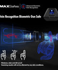 Quick Draw Under Desk Gun Safe With Biometric Finger Vein Lock, showing vein recognition technology and user fingerprint scanning.