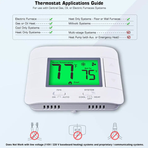 Upgraded Non Programmable Thermostat For Home 1 Heat 1 Cool Single Stage System With Temperature And Humidity Monitor And Large Green LCD Display No Fuss Setup On Any 24V Home System For Electric Gas Or Oil Furnaces displaying 77°F