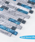 Blue Gray Glass Dope Decorative Tile 5 Pack Mosaic for Kitchen Backsplash or Bathroom Backsplash Mesh-Backed with Blue Crystal Insets