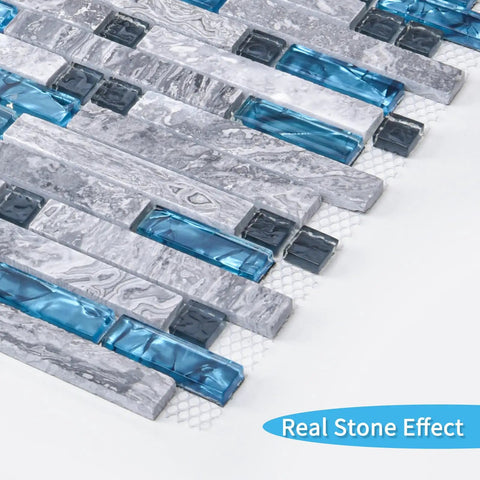 Blue Gray Glass Dope Decorative Tile 5 Pack Mosaic for Kitchen Backsplash or Bathroom Backsplash Mesh-Backed with Blue Crystal Insets