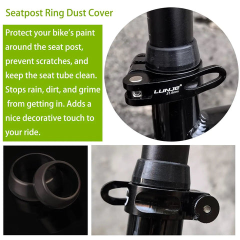 Quick Release Bike Seat Post Clamp Aluminum Alloy Collar For 28.6mm, 31.8mm Or 34.9mm Seat Posts Easy Install Lightweight Durable Bicycle Seat Clamp With Silicone Dust Cover For Water Protection shown on bike seat with protective silicone ring.