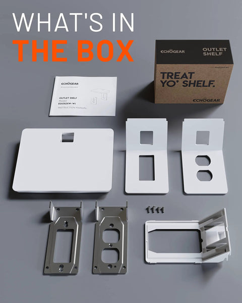 Box contents of Ultra Wide Outlet Shelf With Built In Cord Storage Delivers Huge Space For Bulky Plugs And Big Devices Like Smart Speakers And Routers, Next Gen Design For Standard And Decora Outlets, Holds Up To 5 Lbs, Quick Install With Included Hardware including shelves, faceplates, and mounting pieces.