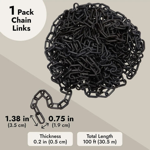 Heavy Duty Black Plastic Chain Links 100 Ft for safety barriers, coil of chain with link dimensions and length details shown