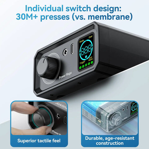 Close-up of 9000W Battery Spot Welder with Dual Pulse Output, rotary knob dial, and digital display for controls