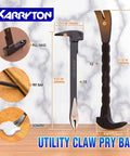 Utility claw pry bar with dimensions, includes pull nails, pry bar, and scraper functions, part of heavy-duty pry bar set.