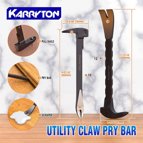 Utility claw pry bar with dimensions, includes pull nails, pry bar, and scraper functions, part of heavy-duty pry bar set.