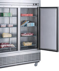 Commercial Three Door Reach In Freezer With Heavy Duty Stainless Steel Build ETL Certified Upright Setup 64 Cubic Foot Capacity showing open doors with shelves of frozen food.