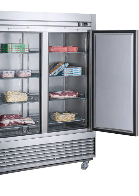 Commercial Three Door Reach In Freezer With Heavy Duty Stainless Steel Build ETL Certified Upright Setup 64 Cubic Foot Capacity showing open doors with shelves of frozen food.