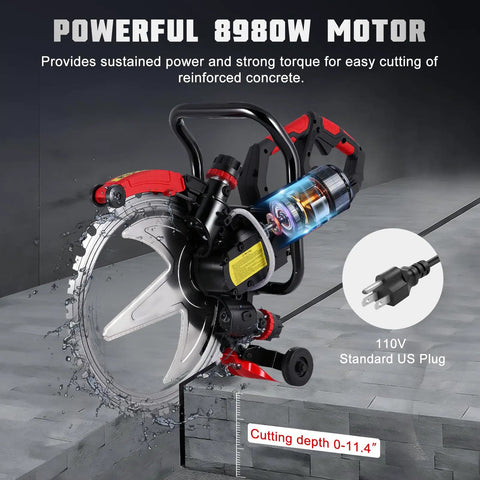 16 Inch Concrete Ring Saw 8980W Toroidal Electric Cutter With Two Diamond Blades Wet Cutting Max Depth 11.4 close-up of motor and blade.