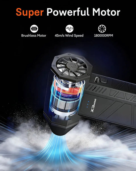Beast Mode Powerful Cordless Air Duster with 180000 RPM turbo fan, pure black, emitting blue air stream, side view.