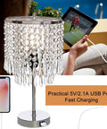 Crystal Table Lamp With Touch Control And USB Ports 3 Way Dimmable Glam Desk Light In Silver Finish For Bedroom Or Living Room