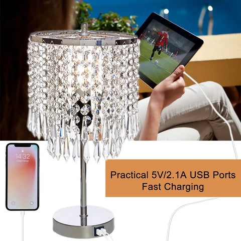 Crystal Table Lamp With Touch Control And USB Ports 3 Way Dimmable Glam Desk Light In Silver Finish For Bedroom Or Living Room