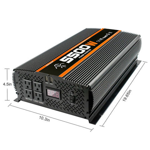 Heavy Duty 5500W Power Inverter 12V to 110V Converter With LCD Display, four AC outlets, two USB ports, durable design.