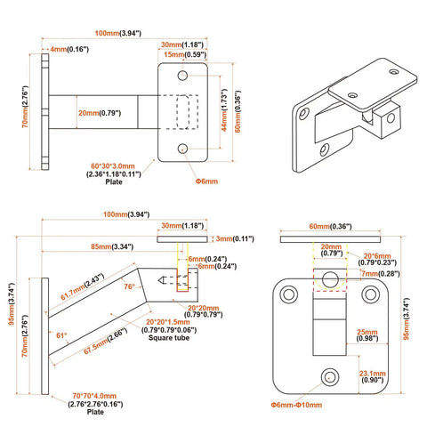 Technical diagram of Swivel Handrail Brackets Set dimensions for heavy duty steel wall mounts, adjustable with hex wrench, pack of 4.