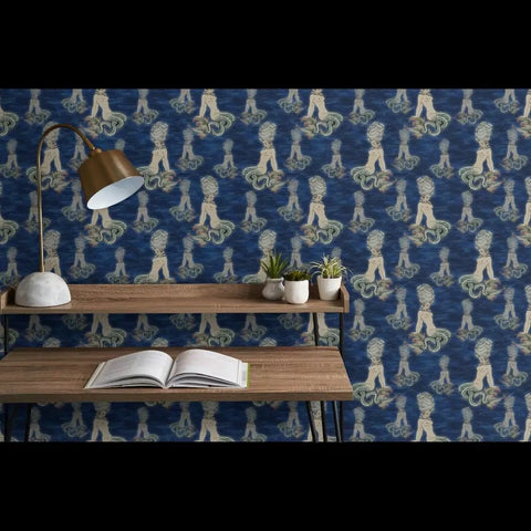 Little Rococo PVC Free Wallpaper Featuring Heavy Duty Poly Blend With Smooth Linen Texture For Kitchens Bathrooms And Mudrooms in blue mermaid design.