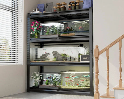 Beefed Up Heavy Duty Garage Shelving System With Four Tier Storage Shelves 2200 Lbs Capacity 40 Inch Wide By 20 Inch Deep By 60 Inch High Industrial Metal Garage Organizer holding aquariums