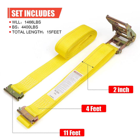 8 Pack 15 Foot Ratchet Straps With 1466 Lb Load Capacity And 4400 Lb Break Strength, yellow strap with E track fitting
