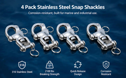 Four Pack Snap Shackle For Sailing Halyard And Rigging, 316 Stainless Steel Clevis Swivel Jaw Quick Release Hooks, marine grade