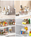 Three Pack Lazy Susan Turntable Organizer For Kitchen Storage Rotating Spice Rack Clear Acrylic 9.25, 10.6, 12 Inches filled with kitchen and cosmetic items on shelves