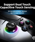 Wireless Game Controller For PS5 PC iOS Mac Android And Steam Deck with RGB lighting and dual touch sensing details shown.