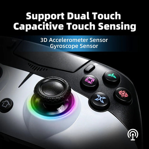 Wireless Game Controller For PS5 PC iOS Mac Android And Steam Deck with RGB lighting and dual touch sensing details shown.