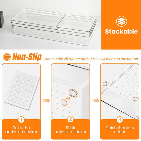 6 Pack Large Clear Drawer Organizer Set Made Of Acrylic, 3 Size Options, Non Slip Non Cracking Storage Trays for Kitchen