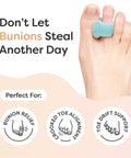 Foot wearing Gel Toe Separators For Bunions And Big Toe Alignment, blue silicone toe spacers for noninvasive pain relief.