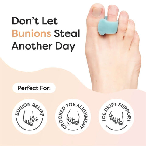 Foot wearing Gel Toe Separators For Bunions And Big Toe Alignment, blue silicone toe spacers for noninvasive pain relief.