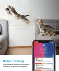 1080P Indoor Security Cam With 360 Degree PTZ tracking a cat jumping and notifications on phone screen