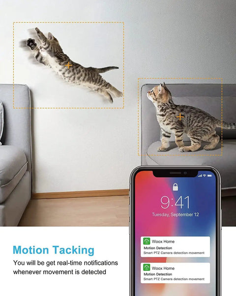 1080P Indoor Security Cam With 360 Degree PTZ tracking a cat jumping and notifications on phone screen
