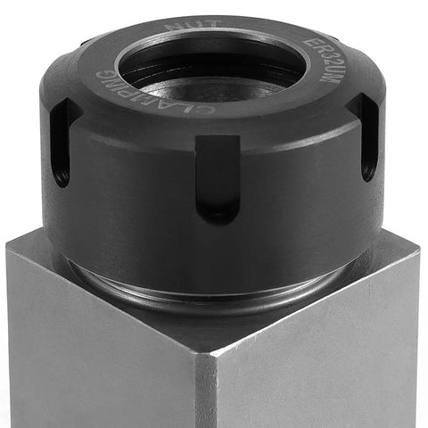 ER 32 Collet Block Square Hardened Steel Fast Set Up Spring Chuck Block With Collet Nut shown in close-up view.
