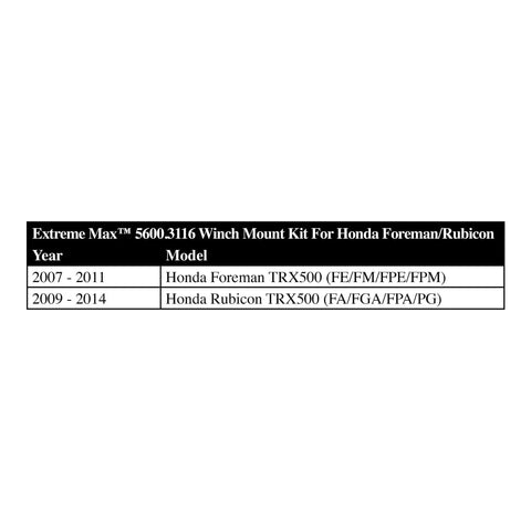 Compatibility chart for Honda TRX500 ATV Winch Mount For Foreman And Rubicon Fits 2000 To 3600 Lb Winches With 4 Hole