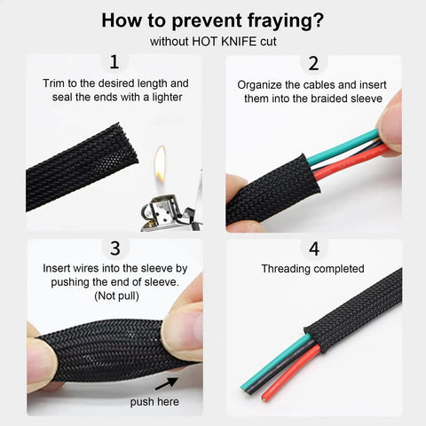Step-by-step guide showing use of 1 Inch PET Expandable Braided Cable Sleeve, 26 Ft Black Wire Loom on colored wires.