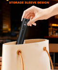 Soenglyun 3 Speed Rechargeable Milk Frother Handheld Press With Travel Cover Quiet Foam Maker stored in a tote bag.