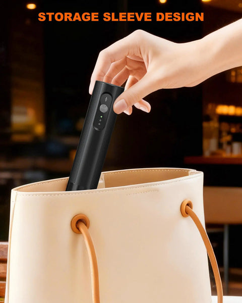 Soenglyun 3 Speed Rechargeable Milk Frother Handheld Press With Travel Cover Quiet Foam Maker stored in a tote bag.