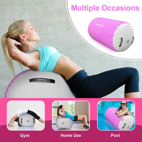Woman using Inflatable Gymnastics Roller Tumbling Barrel 3.3ft Long By 2ft Diameter Octagon Mat Roll in gym and pool