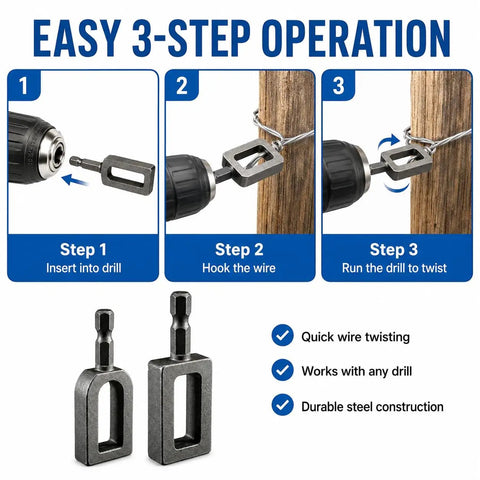 Heavy Duty Electric Drill Wire Twisting Tool With 1/4 Inch Hex Shank demonstrating 3-step operation for quick wire twisting.