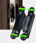 Rock Solid Hydraulic Invisible Door Hinges With Silent Close Mechanism Smooth Riding Zinc Alloy Cabinet Fittings mounted on wood close-up