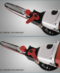 Tough As Nails Angled Grinder With 50mm Sanding Belt And M10 Interface showing belt installation and tightening process