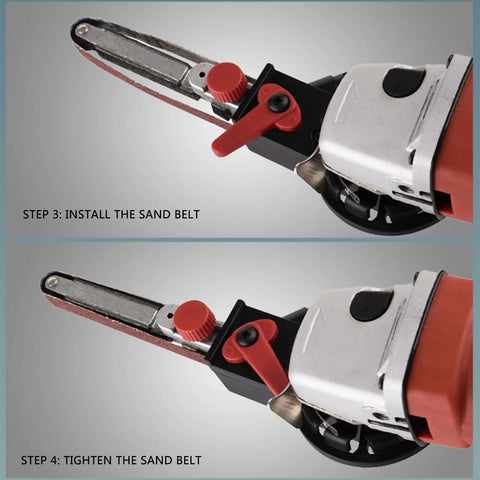 Tough As Nails Angled Grinder With 50mm Sanding Belt And M10 Interface showing belt installation and tightening process
