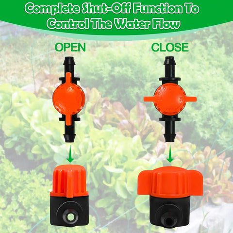 20 Pack One Quarter Inch Drip Irrigation Valve Fittings with In Line Shut Off Valves Barbed Connectors open and closed view
