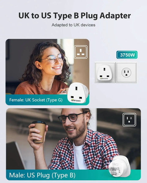 UK To US Plug Adapter 2 Pack Go-To Grounded Travel Converter For Travelers, female UK socket to male US plug diagram