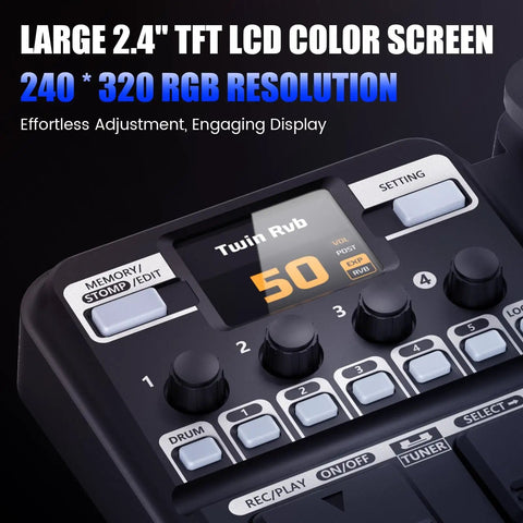 Close-up of the KMF-1 Guitar Pedal With 77 Effects And 50 Presets Delivers Gig Ready Tone For Live And Studio Use screen display.